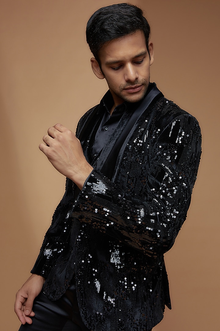 Black Velvet Embroidered Blazer Set by Dapper & Dare at Pernia's Pop Up Shop