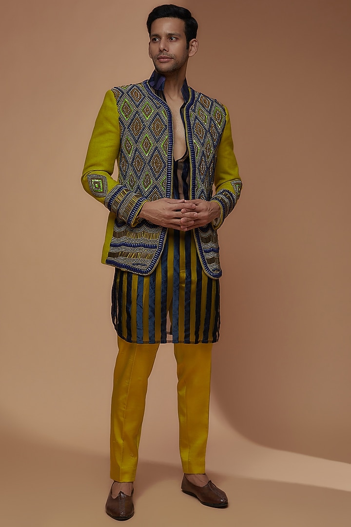Yellow-Green South Jute Cotton Blend Embroidered Indo-Western Set by Dapper & Dare at Pernia's Pop Up Shop