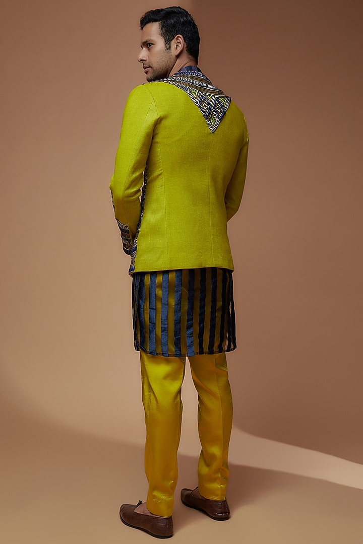 Yellow-Green South Jute Cotton Blend Embroidered Indo-Western Set by Dapper & Dare at Pernia's Pop Up Shop
