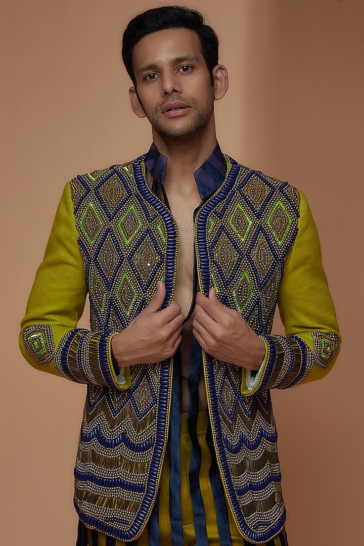 Yellow-Green South Jute Cotton Blend Embroidered Indo-Western Set by Dapper & Dare at Pernia's Pop Up Shop