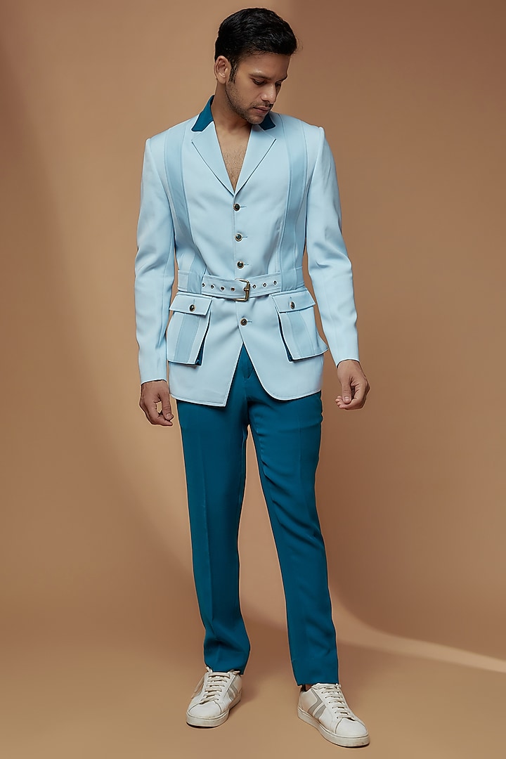 Powder Blue Banana Crepe Blazer Set by Dapper & Dare