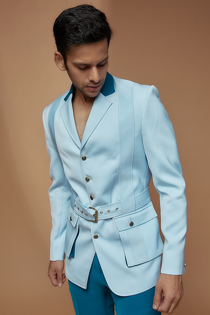 Powder Blue Banana Crepe Blazer Set by Dapper & Dare at Pernia's Pop Up Shop