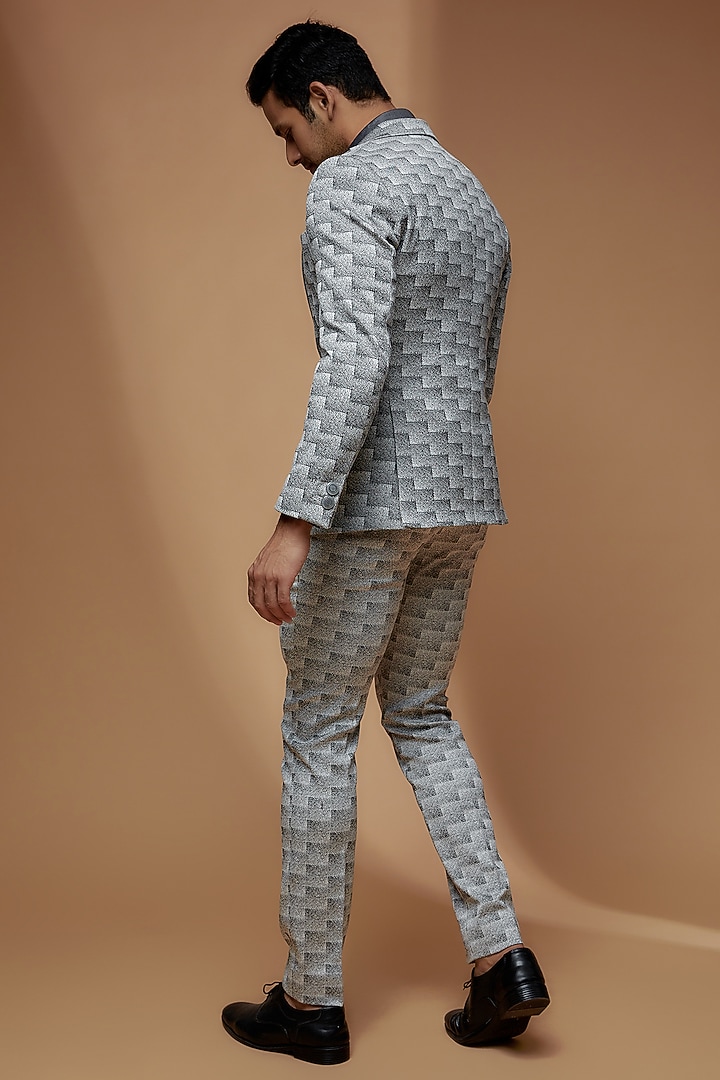 Grey Denim Jacquard Printed Blazer Set by Dapper & Dare at Pernia's Pop Up Shop