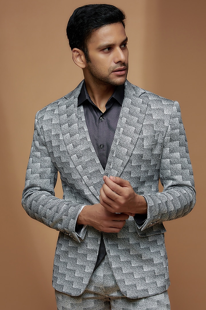 Grey Denim Jacquard Printed Blazer Set by Dapper & Dare at Pernia's Pop Up Shop