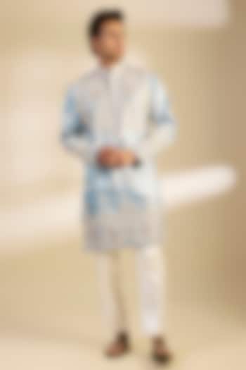 Light Powder Blue Satin Hand Embroidered Kurta Set by Dapper & Dare at Pernia's Pop Up Shop