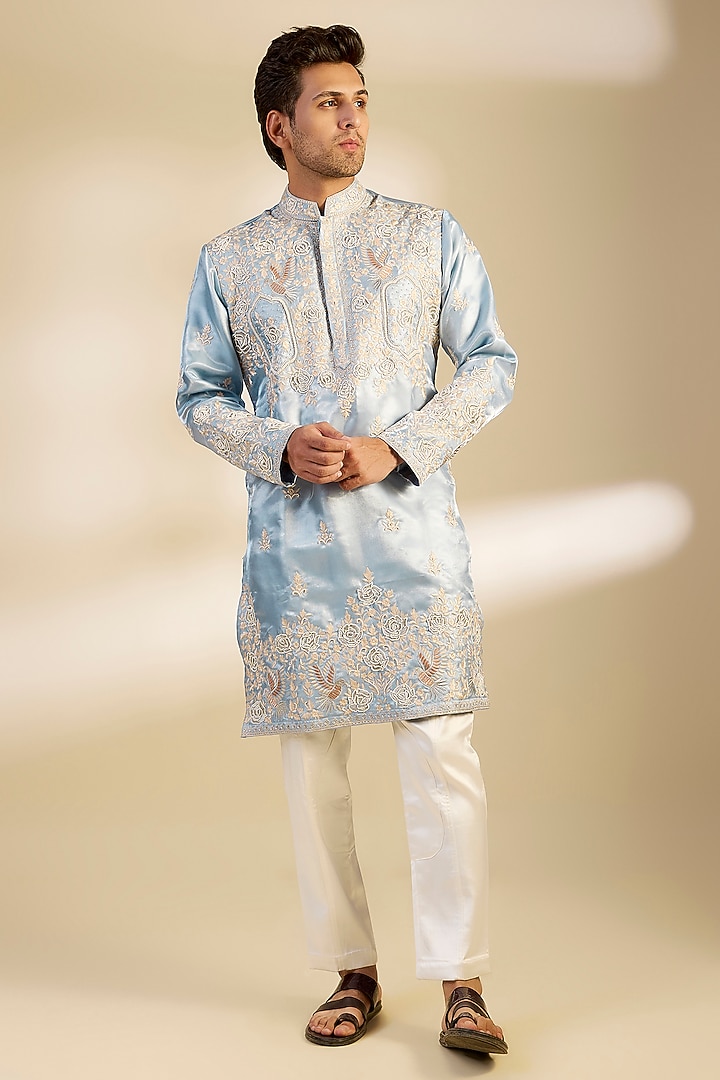 Light Powder Blue Satin Hand Embroidered Kurta Set by Dapper & Dare at Pernia's Pop Up Shop