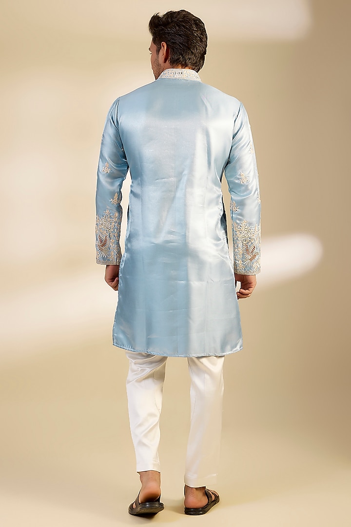 Light Powder Blue Satin Hand Embroidered Kurta Set by Dapper & Dare at Pernia's Pop Up Shop