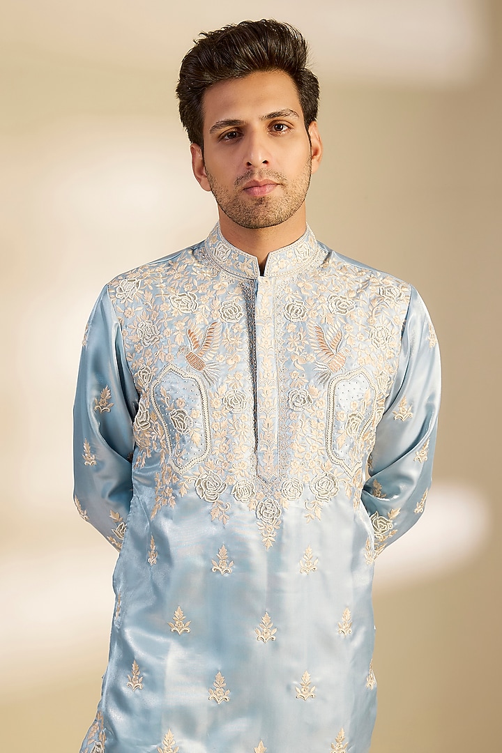 Light Powder Blue Satin Hand Embroidered Kurta Set by Dapper & Dare at Pernia's Pop Up Shop