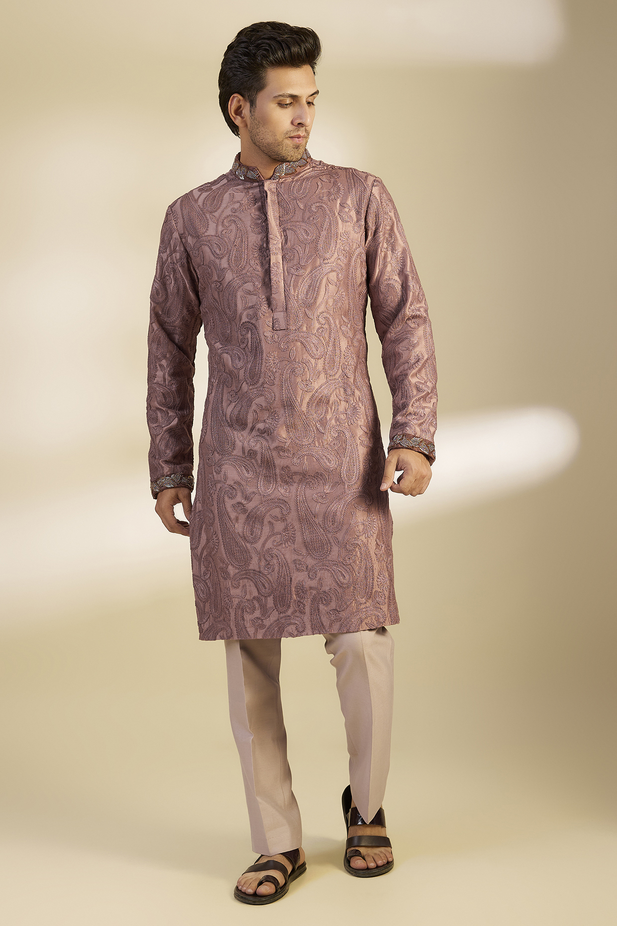 Light Rose Pink Moonga Silk Paisley Printed Kurta Set by Dapper & Dare