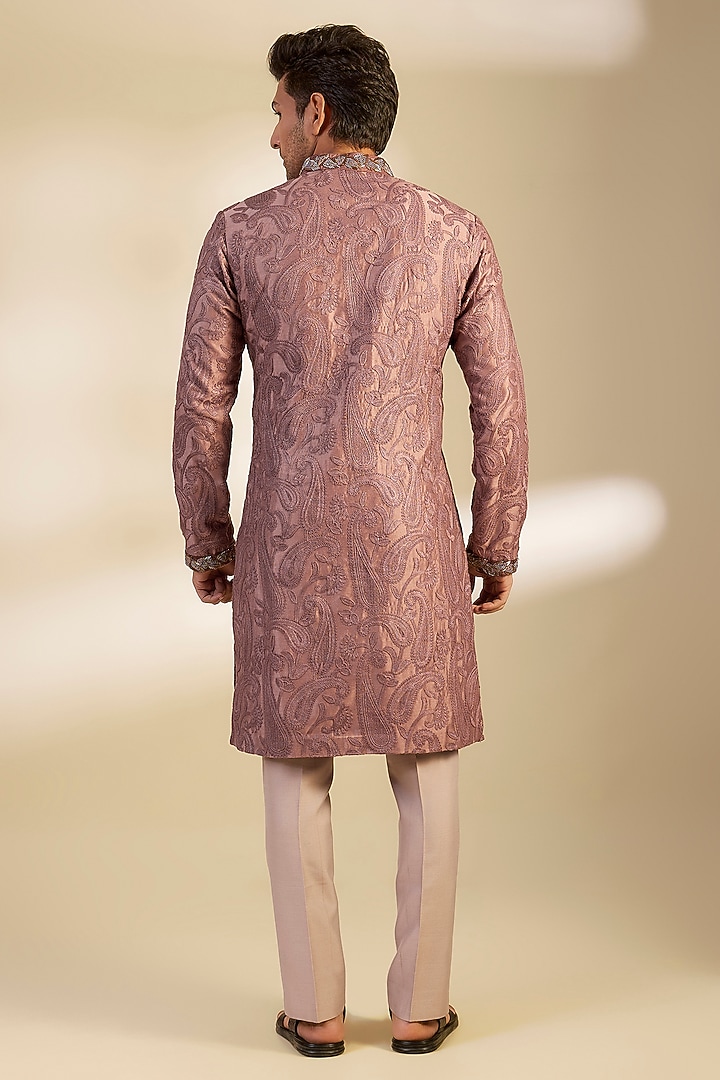 Light Rose Pink Moonga Silk Paisley Printed Kurta Set by Dapper & Dare at Pernia's Pop Up Shop