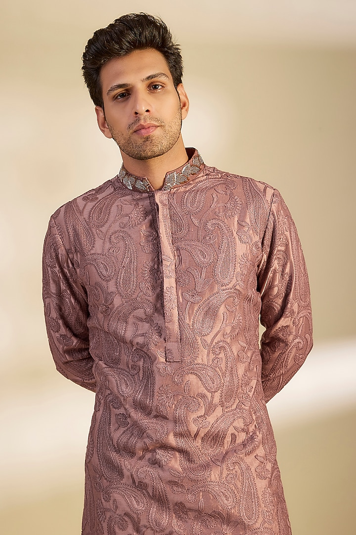 Light Rose Pink Moonga Silk Paisley Printed Kurta Set by Dapper & Dare at Pernia's Pop Up Shop