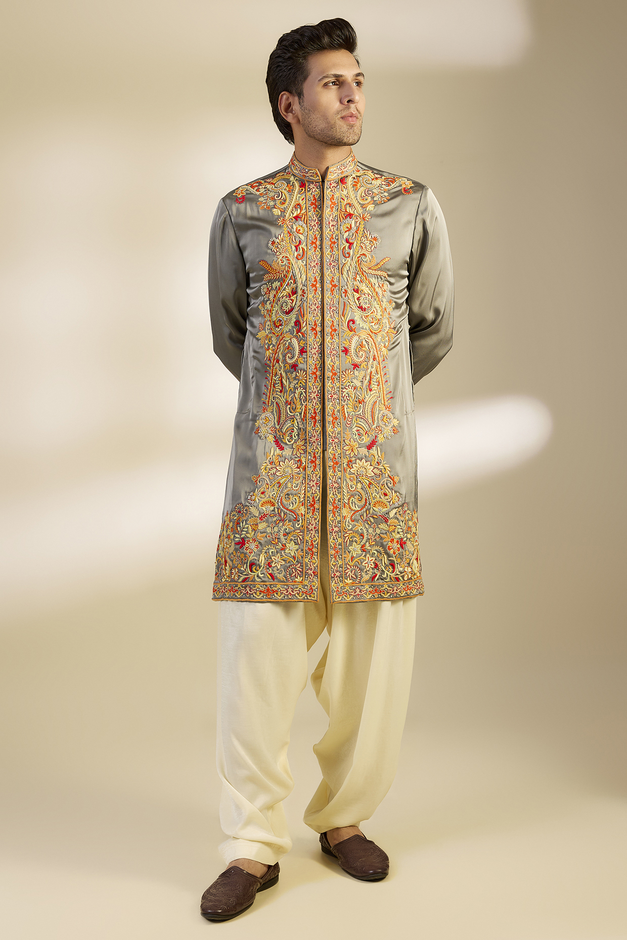 Multi-Colored Satin Kashmiri Hand Embroidered Kurta Set by Dapper & Dare