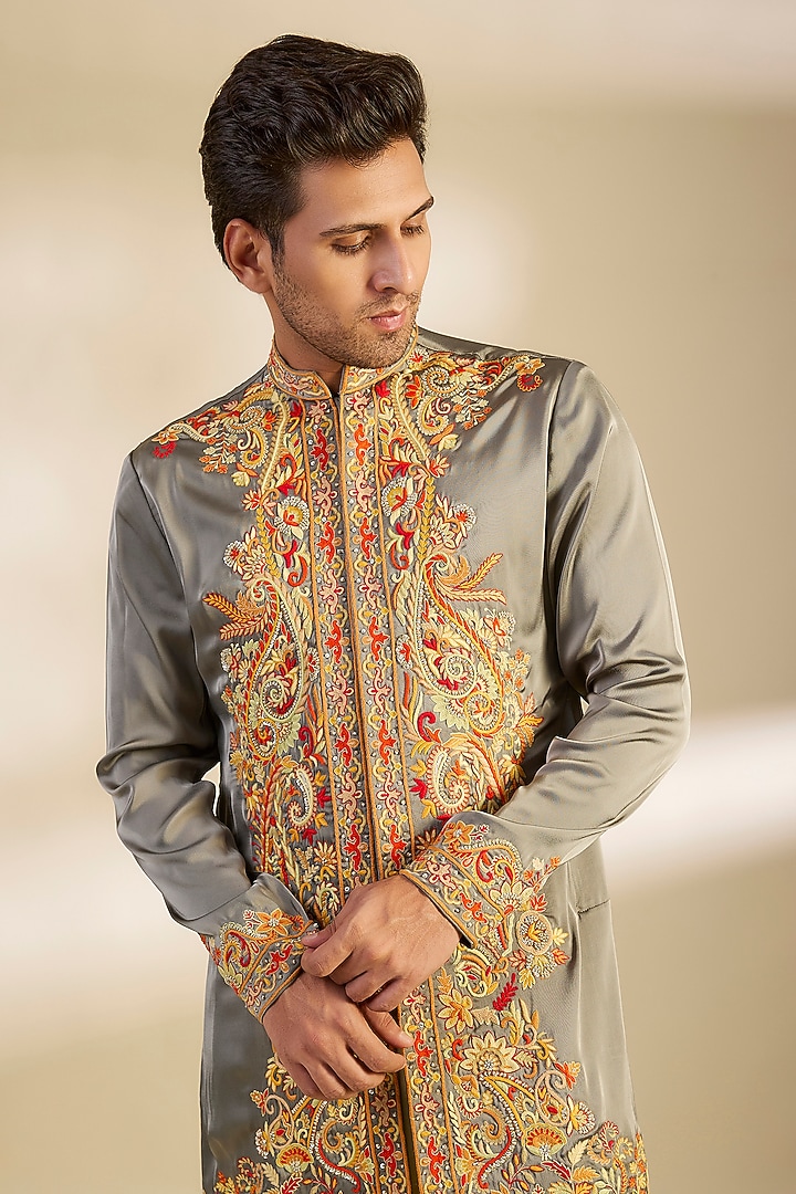Multi-Colored Satin Kashmiri Hand Embroidered Kurta Set by Dapper & Dare at Pernia's Pop Up Shop