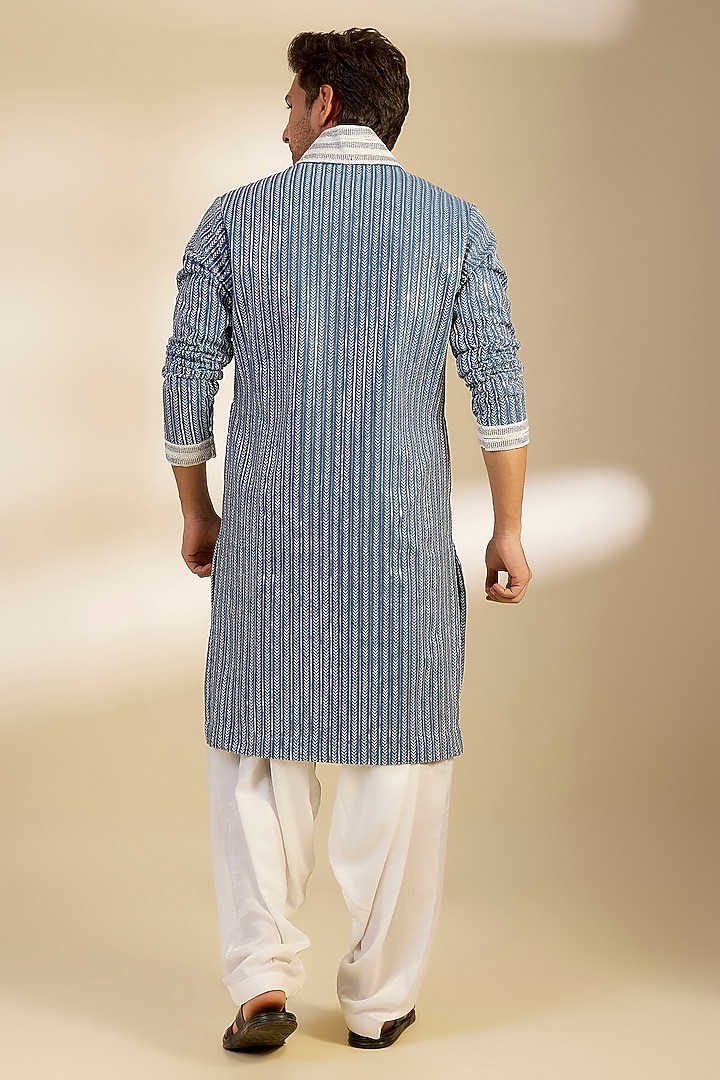 Blue Denim Embroidered Kurta Set by Dapper & Dare at Pernia's Pop Up Shop