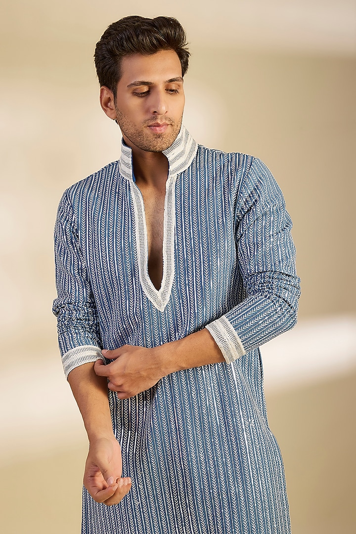 Blue Denim Embroidered Kurta Set by Dapper & Dare at Pernia's Pop Up Shop
