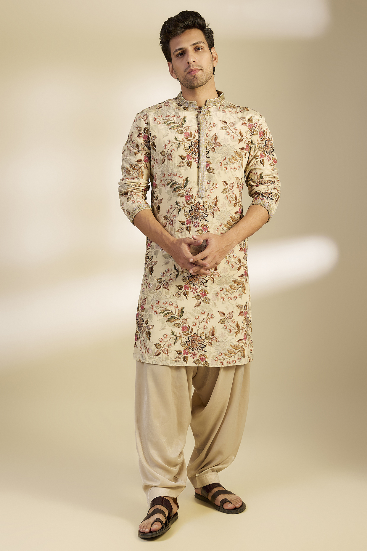 Beige Moonga Silk Floral Motif Embroidered Kurta Set by Dapper & Dare