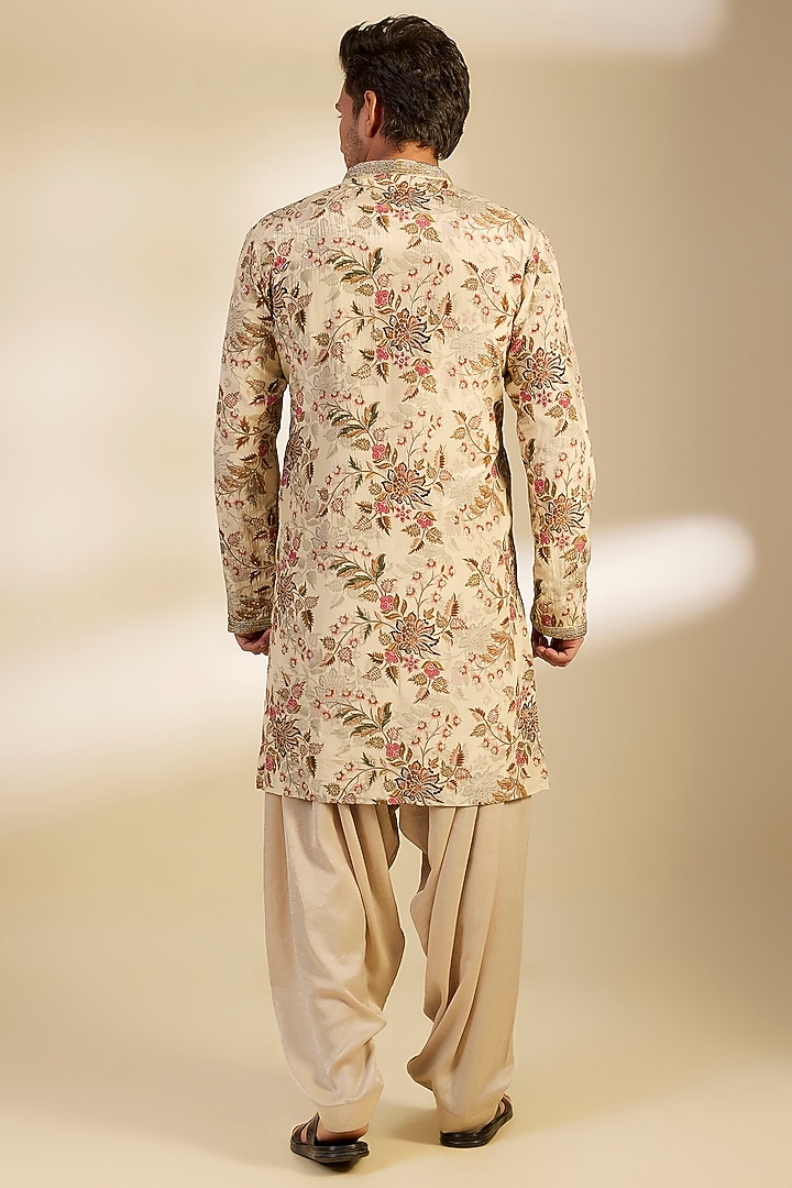 Beige Moonga Silk Floral Motif Embroidered Kurta Set by Dapper & Dare at Pernia's Pop Up Shop