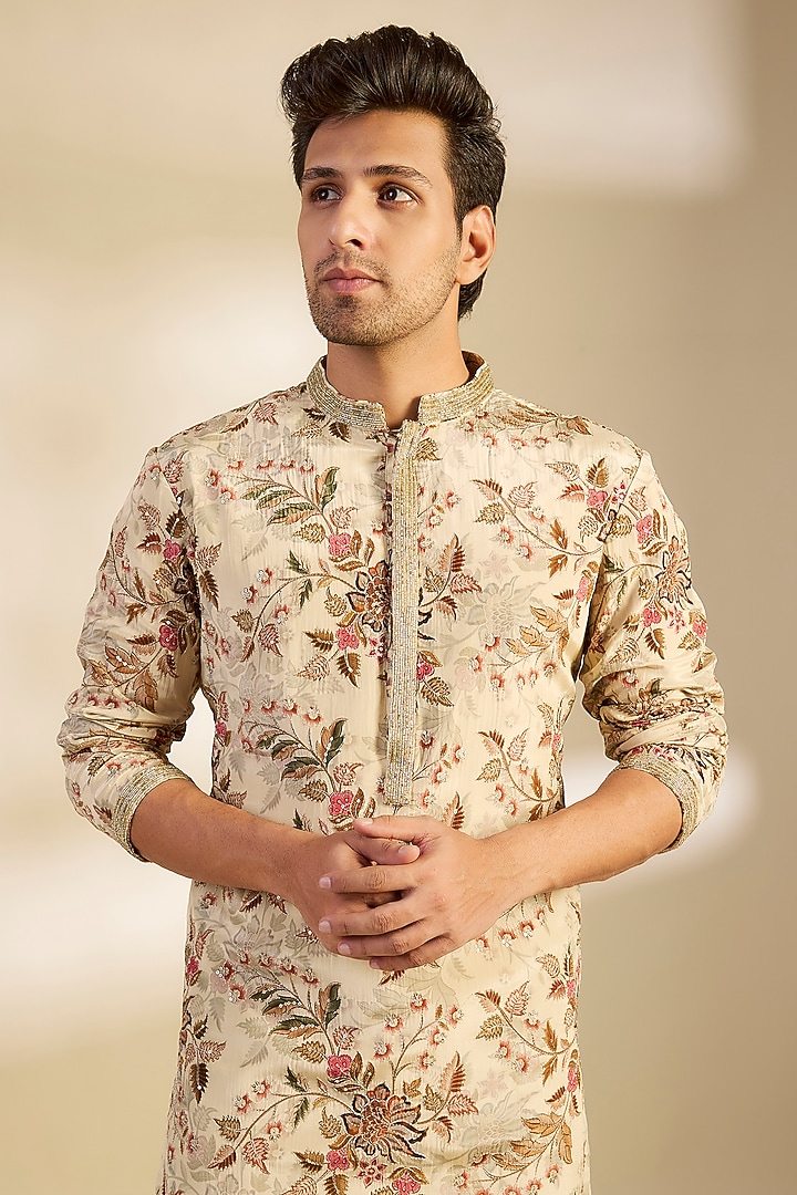 Beige Moonga Silk Floral Motif Embroidered Kurta Set by Dapper & Dare at Pernia's Pop Up Shop