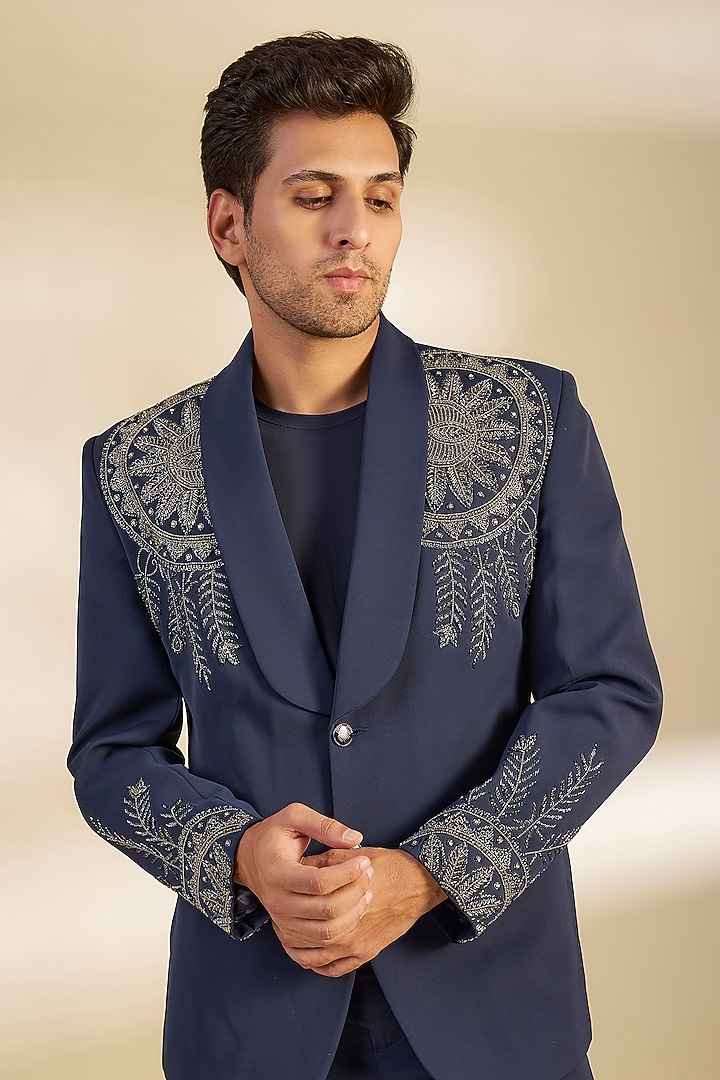 Navy Japanese Twill Sequins Embroidered Tuxedo Set by Dapper & Dare at Pernia's Pop Up Shop