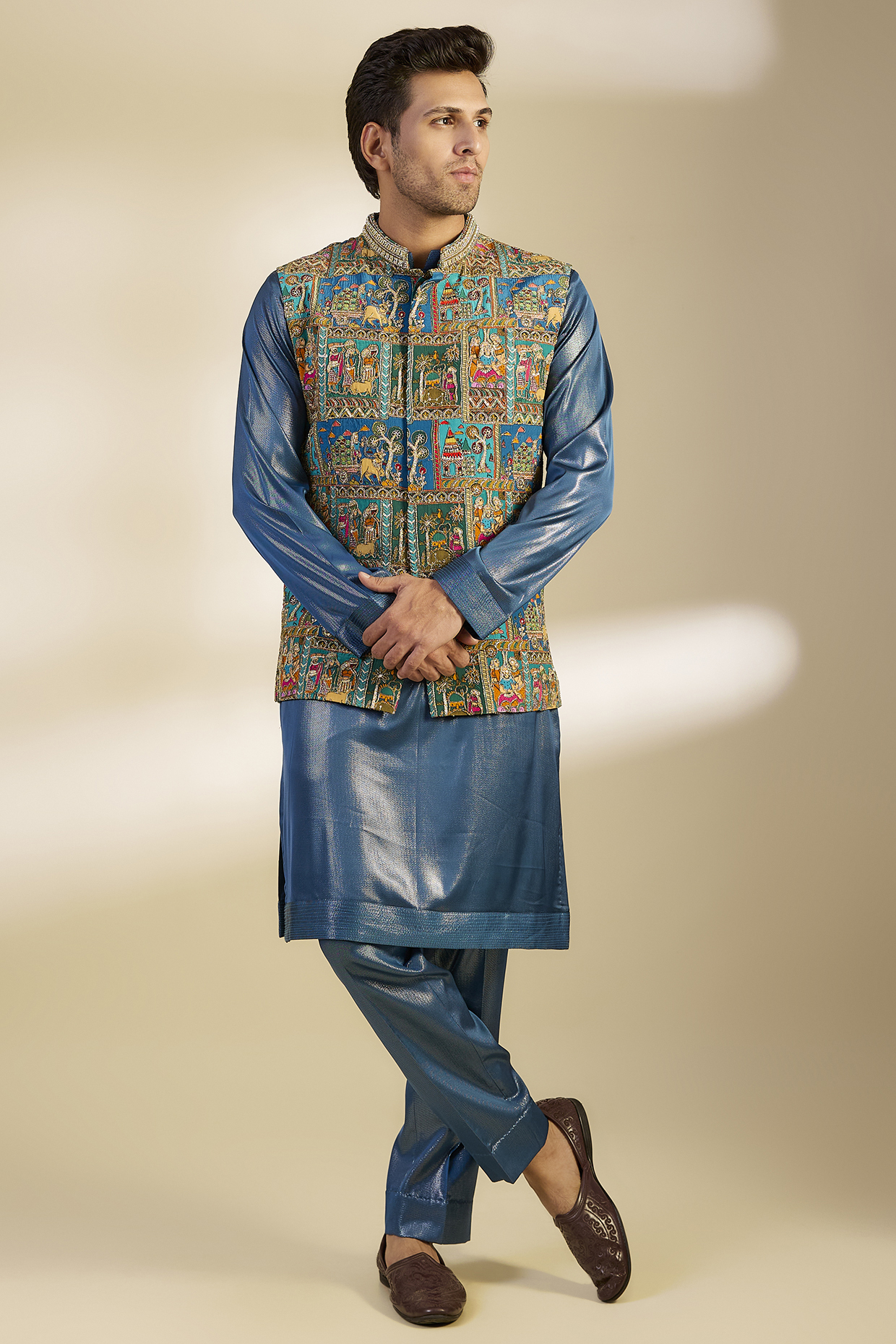 Blue Crepe Hand Embroidered Bundi Jacket Set by Dapper & Dare