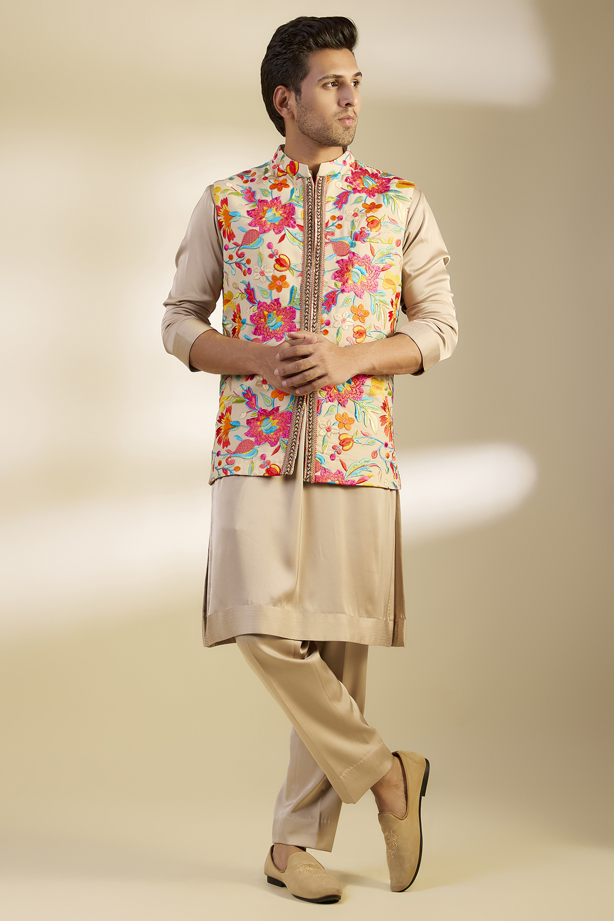 Multi-Colored Georgette Floral Printed & Embroidered Bundi Jacket Set by Dapper & Dare