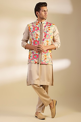 Multi-Colored Georgette Floral Printed & Embroidered Bundi Jacket Set by Dapper & Dare