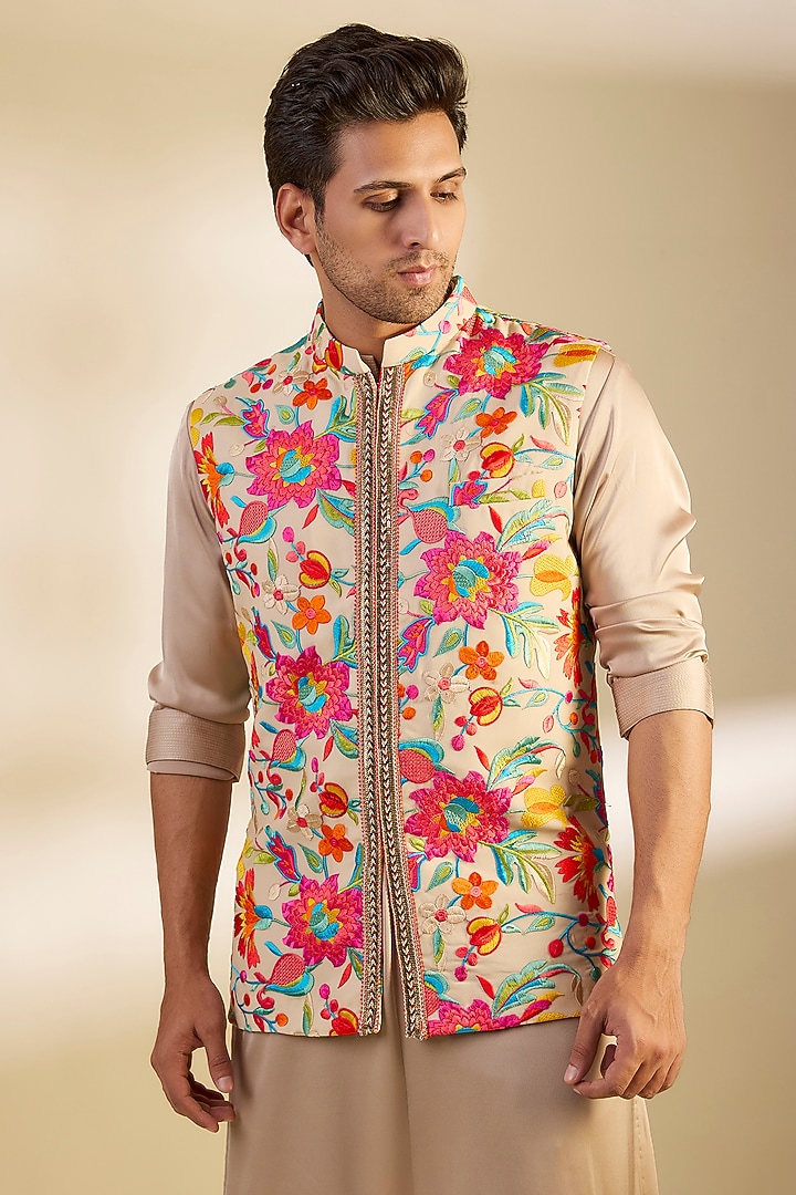 Multi-Colored Georgette Floral Printed & Embroidered Bundi Jacket Set by Dapper & Dare at Pernia's Pop Up Shop