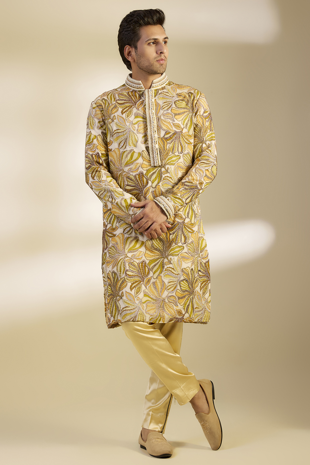 Yellow Chinon Pearl Embellished Kurta Set by Dapper & Dare