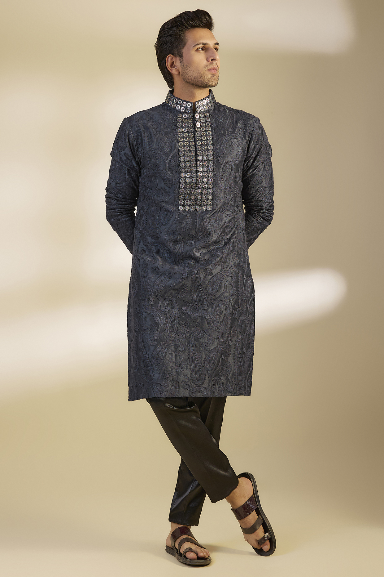 Midnight Blue Moonga Silk Paisley Printed & Embroidered Kurta Set by Dapper & Dare