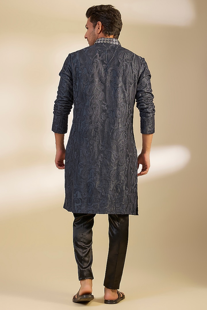Midnight Blue Moonga Silk Paisley Printed & Embroidered Kurta Set by Dapper & Dare at Pernia's Pop Up Shop