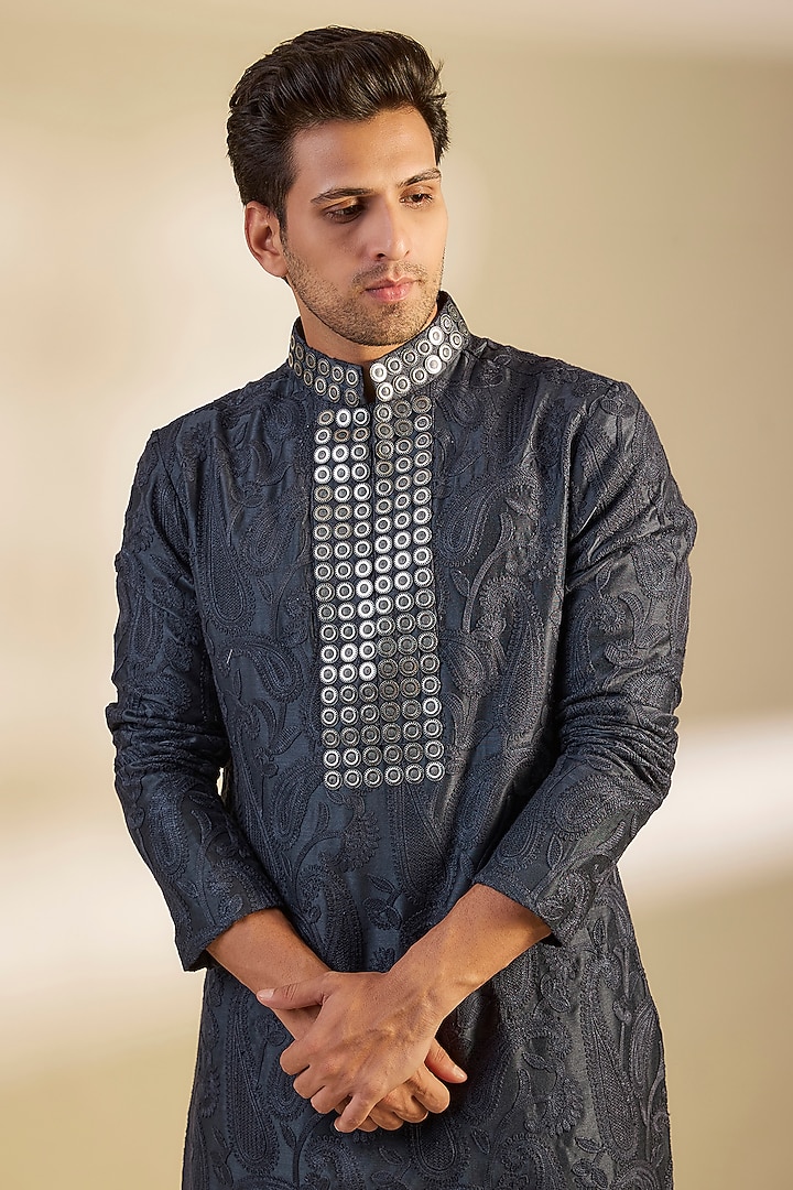 Midnight Blue Moonga Silk Paisley Printed & Embroidered Kurta Set by Dapper & Dare at Pernia's Pop Up Shop