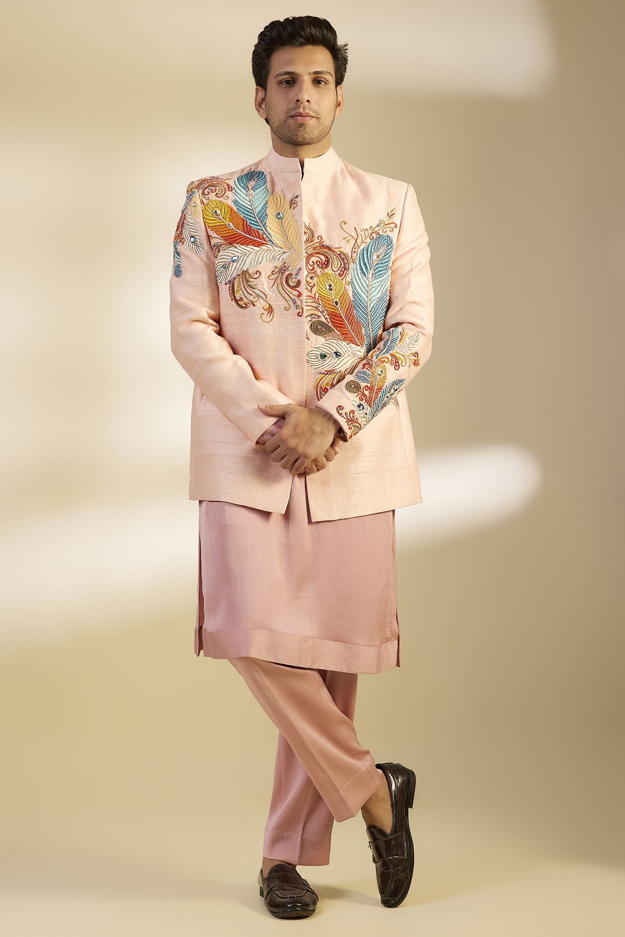 Light Pink Raw Silk Printed & Embroidered Bandhgala Set by Dapper & Dare