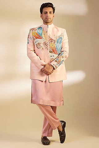 Light Pink Raw Silk Printed & Embroidered Bandhgala Set by Dapper & Dare