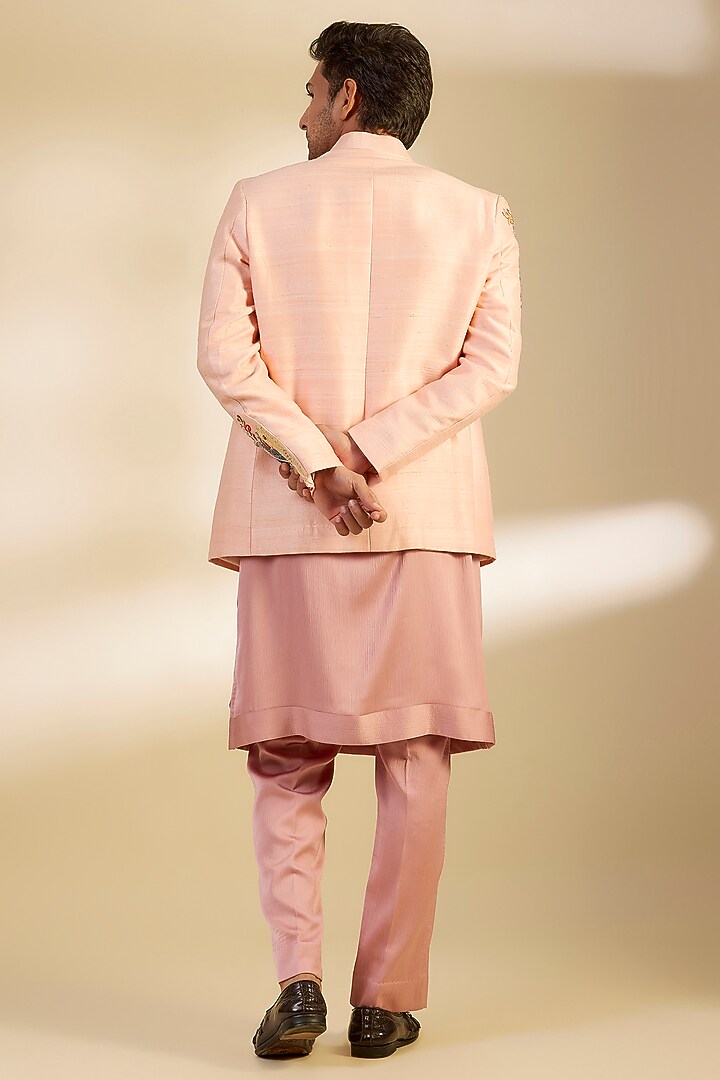 Light Pink Raw Silk Printed & Embroidered Groom Bandhgala Set by Dapper & Dare at Pernia's Pop Up Shop