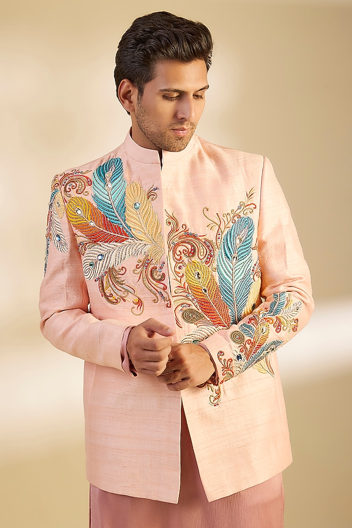 Light Pink Raw Silk Printed & Embroidered Groom Bandhgala Set by Dapper & Dare at Pernia's Pop Up Shop