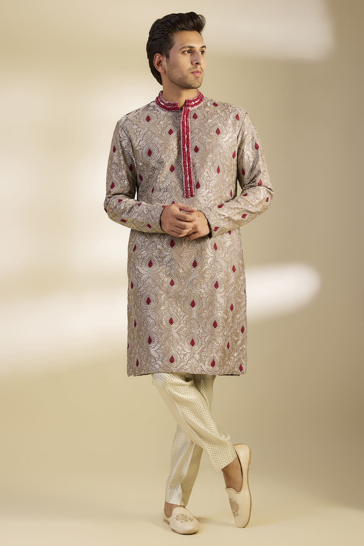 Mauve Crepe Abstract Printed & Embroidered Kurta Set by Dapper & Dare