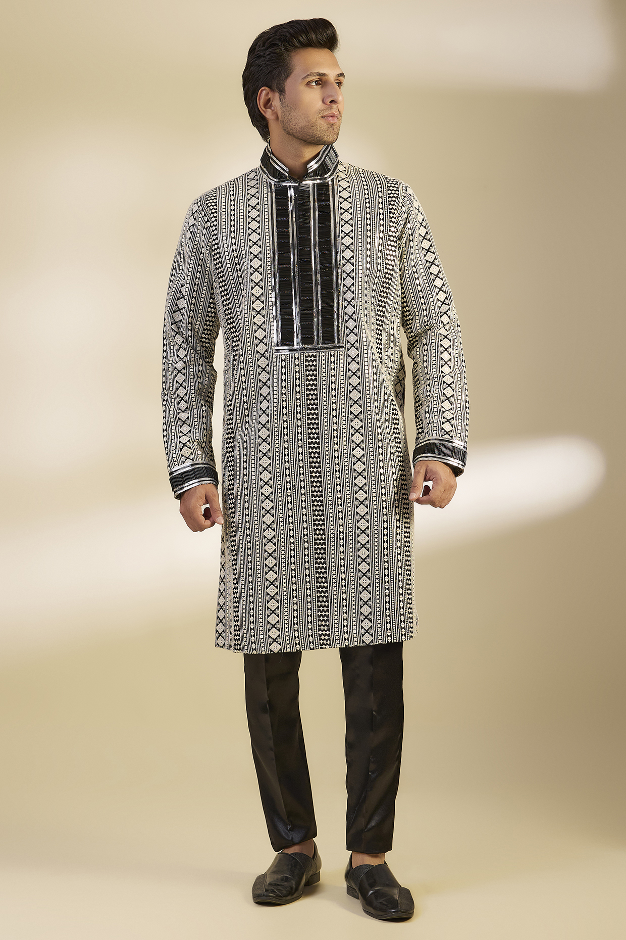 Black Dupion Silk Salli Embroidered Kurta Set by Dapper & Dare