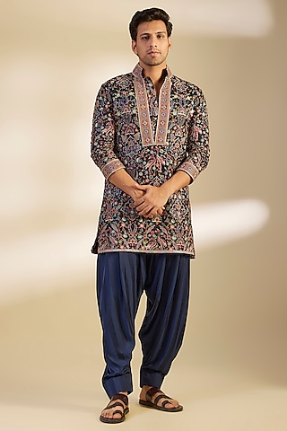 Midnight Blue Georgette Embroidered Kurta Set by Dapper & Dare