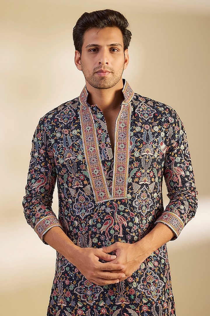 Midnight Blue Georgette Embroidered Kurta Set by Dapper & Dare at Pernia's Pop Up Shop