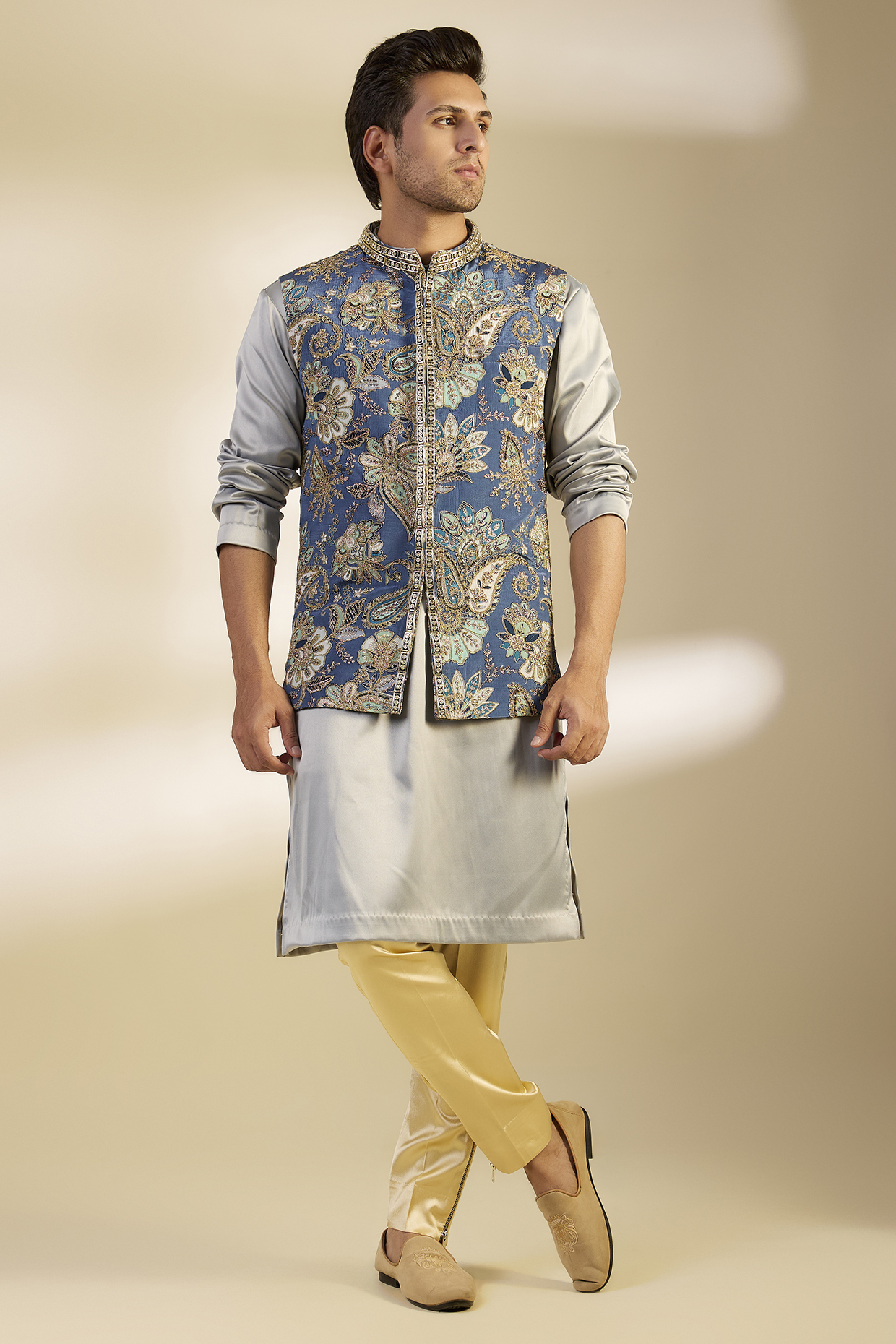 Blue Crepe Hand Embroidered Bundi Jacket Set by Dapper & Dare