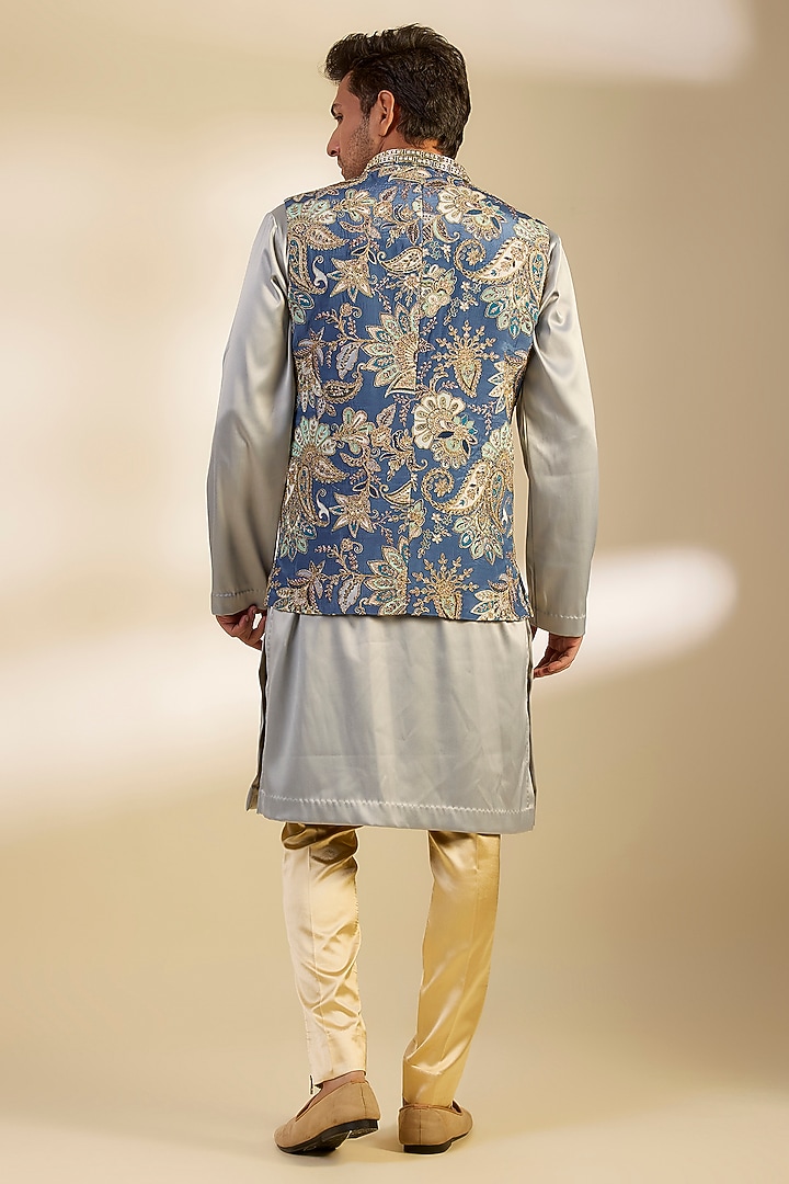 Blue Crepe Hand Embroidered Bundi Jacket Set by Dapper & Dare at Pernia's Pop Up Shop