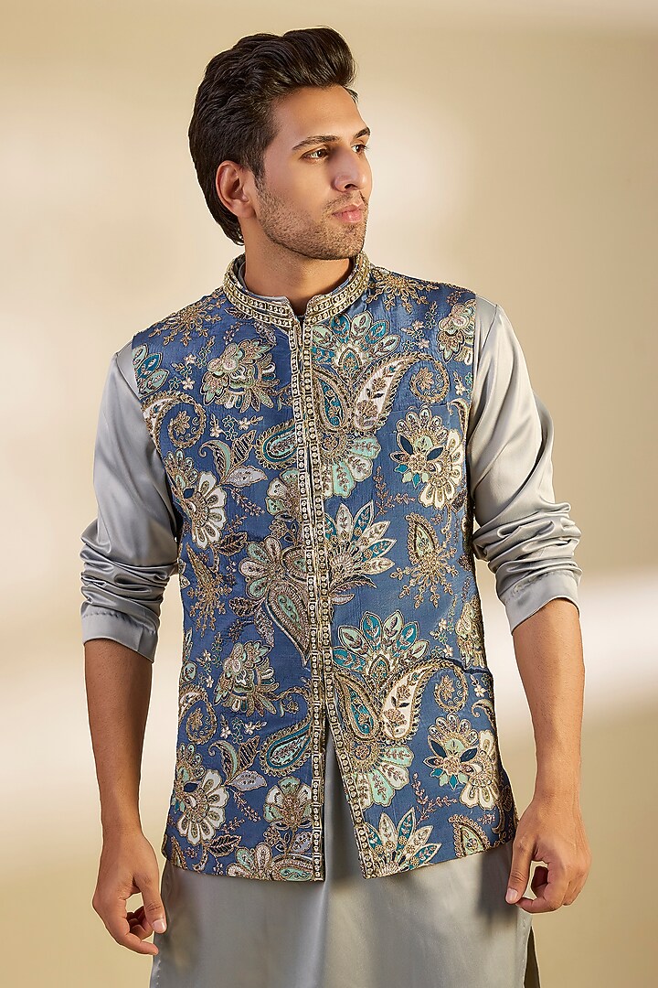 Blue Crepe Hand Embroidered Bundi Jacket Set by Dapper & Dare at Pernia's Pop Up Shop
