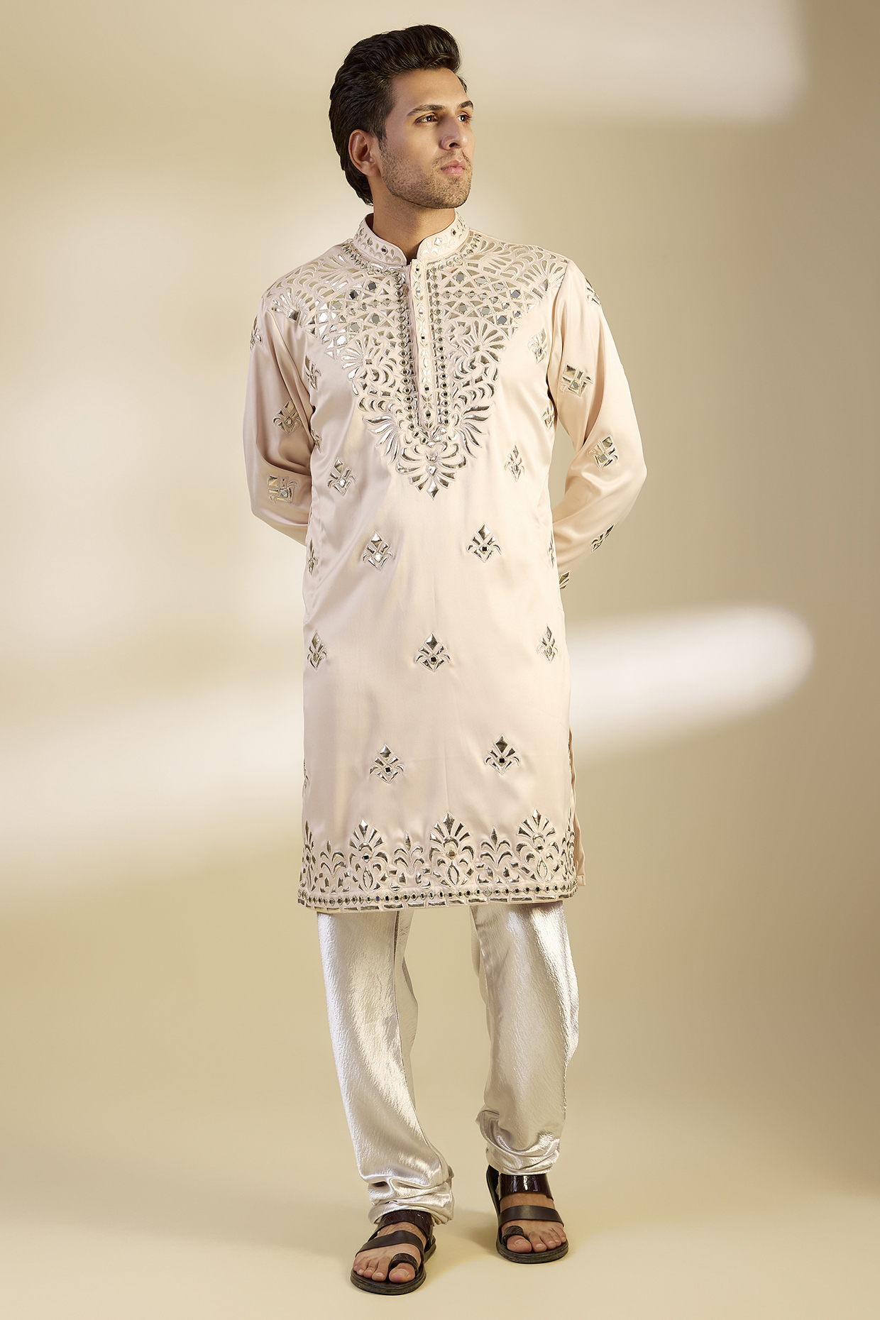 Light Pink Satin Thread Embroidered Kurta Set by Dapper & Dare