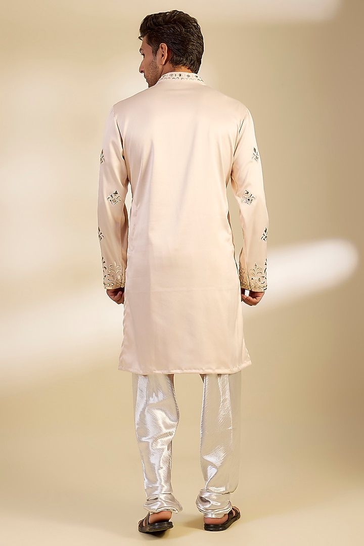 Light Pink Satin Foil Embroidered Kurta Set by Dapper & Dare at Pernia's Pop Up Shop