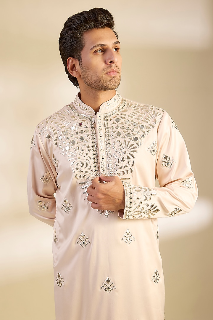 Light Pink Satin Foil Embroidered Kurta Set by Dapper & Dare at Pernia's Pop Up Shop
