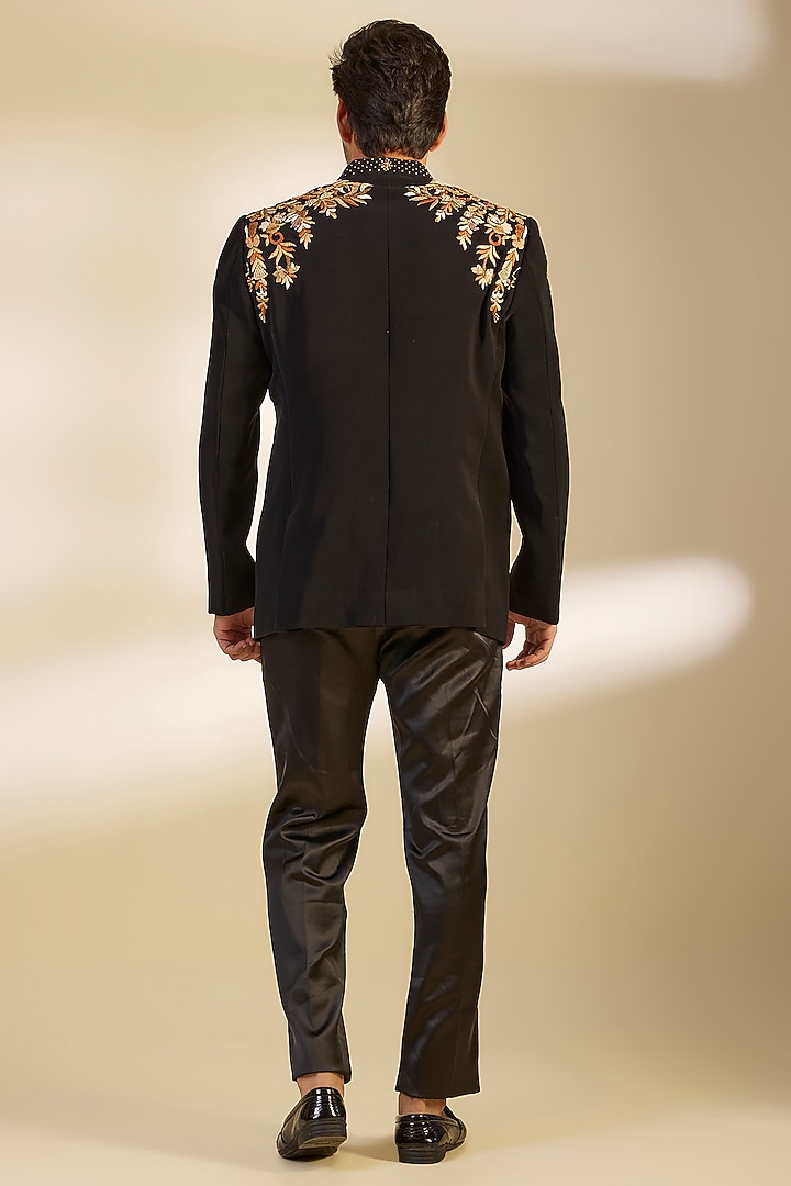 Black Japanese Twill Thread Embroidered Groom Bandhgala Set by Dapper & Dare at Pernia's Pop Up Shop
