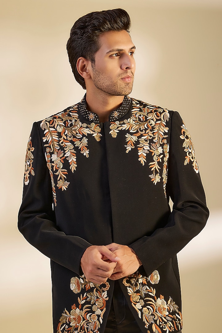 Black Japanese Twill Thread Embroidered Groom Bandhgala Set by Dapper & Dare at Pernia's Pop Up Shop