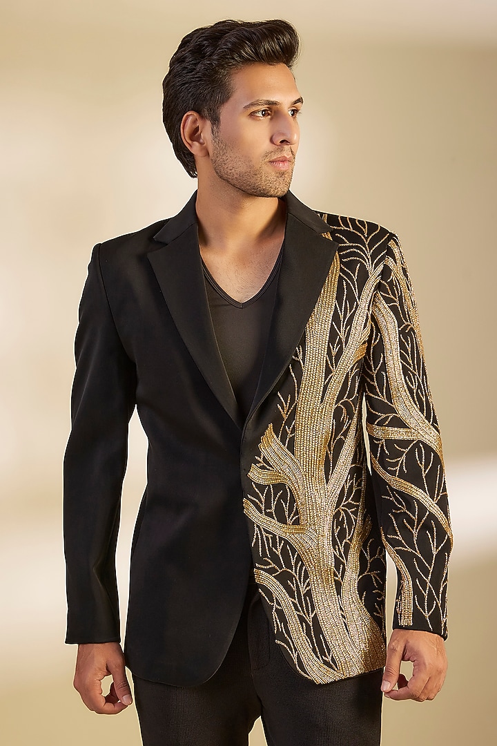 Black Japanese Twill Thread Embroidered Blazer Set by Dapper & Dare at Pernia's Pop Up Shop