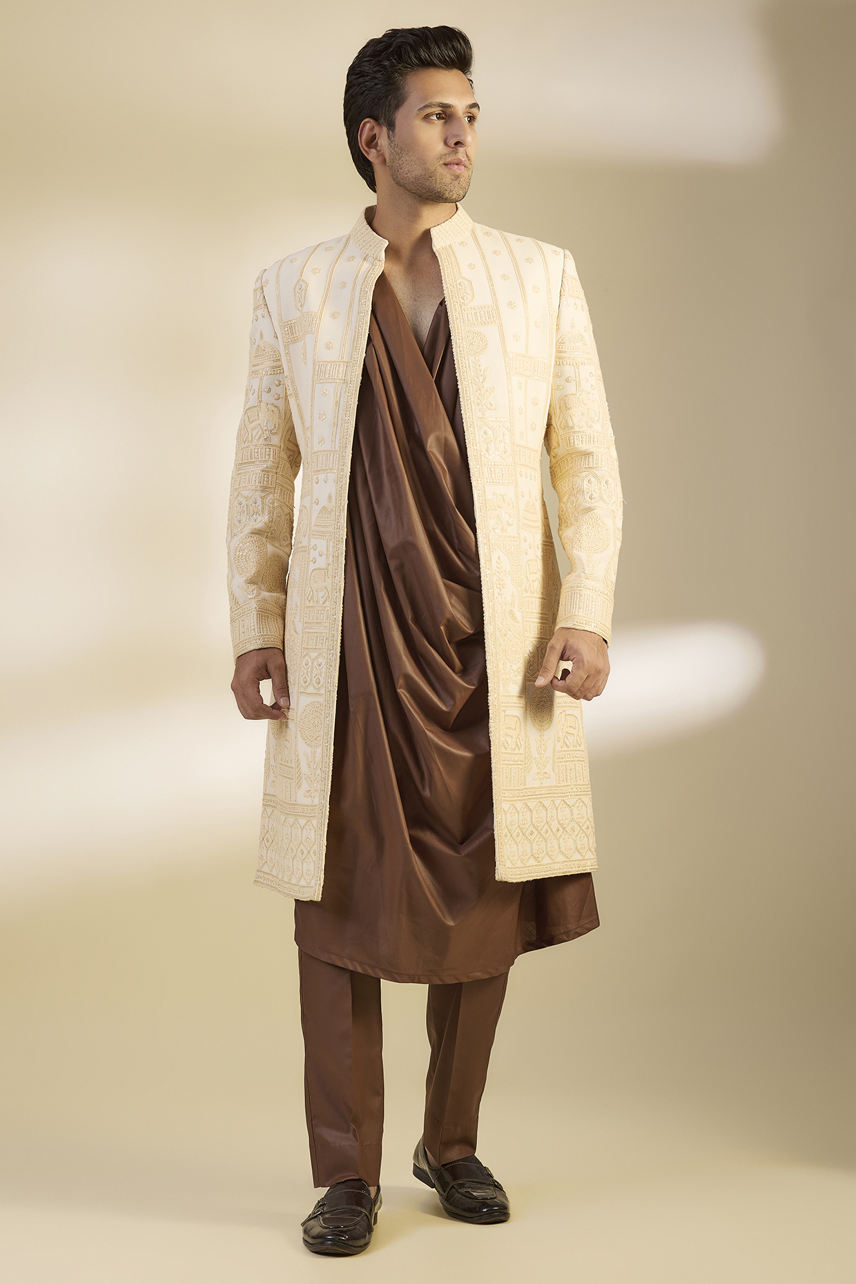 Cream Georgette Motif Embroidered Sherwani Set by Dapper & Dare