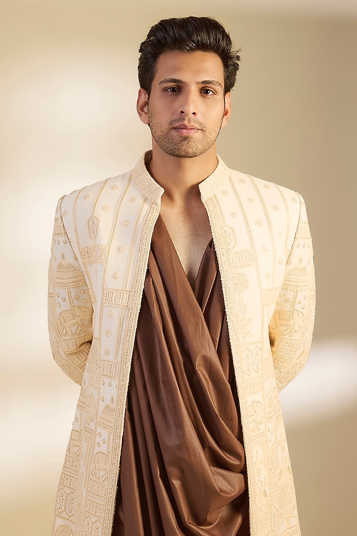 Cream Georgette Motif Embroidered Groom Sherwani Set by Dapper & Dare at Pernia's Pop Up Shop